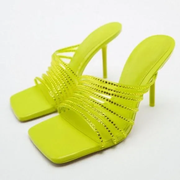 Zara Vinyl Lime Green Rhinestone Squared Toe High Heels Sandals Shoes - Picture 7 of 14